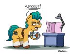  annoyed bobthedalek box coffee_mug container cup cutie_mark end_table equid equine green_hair hair hasbro hashtag hi_res hitch_trailblazer_(mlp) holding_container holding_mug holding_object horse lamp mammal mlp_g5 my_little_pony number pony sash simple_background solo text underline white_background 