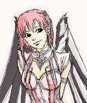  artist_request bodysuit breasts cleavage cleavage_cutout juju large_breasts lowres mechanical_wings over_zenith red_eyes simple_background solo white_background wings 