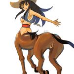  1girl anus ass belt black_hair blue_hair breasts centaur centauress cowboy_hat hat hooves jajala long_hair looking_at_viewer looking_back lowres monster_girl multicolored_hair outstretched_arms pussy simple_background solo tail two-tone_hair uncensored underboob vagina vest white_background 