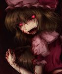  black_sclera blood blood_on_face bloody_clothes fangs flandre_scarlet glowing glowing_eyes guro hat horror_(theme) injury looking_back open_mouth red_eyes shimo_(depthbomb) solo touhou vampire 