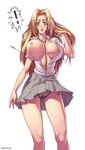  1girl adjusting_hair between_breasts bleach blonde_hair blue_eyes blush bouncing_breasts breasts bursting_breasts buttons cameltoe chain curvy highres huge_breasts lipstick long_hair makeup matsumoto_rangiku mole mole_under_mouth motion_blur no_bra panties pantyshot popped_button pubic_hair school_uniform see-through skirt solo speh surprised unbuttoned underwear very_long_hair wardrobe_malfunction wind wind_lift 