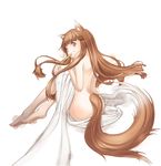  animal_ears ass barefoot bed_sheet brown_hair cloth feet holo long_hair looking_back mouth_hold naked_sheet nude red_eyes shou_harukayou_koshi sitting smile solo spice_and_wolf tail wheat wolf_ears wolf_tail 