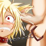  1boy animal_ears blonde_hair blush censored collar cum cum_in_ear cum_inside ear_fuck ear_insertion earjob male male_focus penis red_eyes tears yaoi 