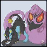  anal arbok banana_dick duo feral furry luxray male nintendo no_humans one_eye_closed penetration penis pok&#233;mon pokemon simple_background tail tail_sex tongue tongue_out tyranitar_(artist) video_games yellow_penis 