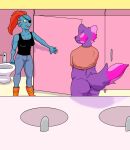  anthro bathroom blush bottomwear butt canid canine canis cj_(watersucc) clothing denim denim_clothing domestic_dog duo female fish hair hi_res husky jeans male male/female mammal marine muscular muscular_female nordic_sled_dog pants ponytail public_restroom raised_tail restroom_stall shirt slightly_chubby_male spitz tank_top topwear undertale undertale_(series) undyne undyne_the_undying video_games watersucc 