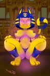  2021 3_toes animal_crossing ankha_(animal_crossing) ankha_zone ankle_cuffs anthro areola big_breasts big_butt blue_hair blurred_background bone breasts butt clothed clothing crouching domestic_cat egyptian egyptian_mythology feet felid feline felis female frown glowing glowing_eyes hair half-closed_eyes hi_res hieroglyphics looking_at_viewer mammal middle_eastern_mythology mythology narrowed_eyes navel nintendo nipple_piercing nipples panties piercing purple_eyes restraints shackles short_hair skull solo splatcum thick_thighs toes topless underwear video_games 