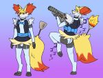  4:3 anthro blue_clothing blue_panties blue_underwear braixen clothed clothing crossdressing fire flamethrower hi_res kanji maid_uniform male meme menacing_(meme) nintendo panties pok&eacute;mon pok&eacute;mon_(species) pseudo_clothing ranged_weapon sirdoomwolf solo underwear uniform video_games weapon 