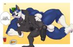  5_fingers anatomically_correct anatomically_correct_genitalia anatomically_correct_penis animal_genitalia animal_penis anthro anthro_on_anthro anus balls beverage big_balls big_dom_small_sub big_knot big_penis black_body black_fur black_pawpads blue_body blue_eyes blue_fur bodily_fluids border canid canine canine_penis canis chest_tuft chin_piercing claws container cup dialogue dominant duo english_text erection finger_claws fingers food from_behind_position fur genitals green_hair hair holding_partner huge_balls huge_knot huge_penis imminent_anal imminent_sex knot leg_grab lying male male/male mammal muscular muscular_anthro muscular_male nipples nude on_side orange_eyes orange_inner_ear pawpads paws pecs penis piercing pizza plate purple_hair quads raised_leg sex size_difference smile spoon_position spooning sweat teeth text toe_claws tuft white_body white_border white_fur wolf zourik 