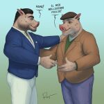  1:1 age_difference anthro dialogue domestic_pig duo father father_and_child father_and_son hi_res italian_text male mammal mature_male older_male parent parent_and_child rov smile son suid suina sus_(pig) text younger_male 