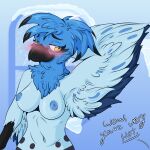  1:1 absurd_res anthro areola avian beak bird black_body black_feathers blue_areola blue_body blue_feathers blue_jay blush breasts celci_(spring) corvid dialogue eyebrows eyelashes feathers female freckles hair half-length_portrait hand_behind_head hi_res hirothedragon hybrid ice jay_(bird) looking_at_viewer multicolored_body new_world_jay nintendo non-mammal_breasts non-mammal_nipples nude off_screen_character oscine passerine pok&eacute;mon pok&eacute;mon_(species) portrait smile snow solo talonflame text video_games window wings 