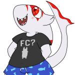  alpha_channel anthro blush bottomwear caffeinekobold clothed clothing digital_media_(artwork) eve_online fish hakarisquish hands_behind_back happy looking_up male marine open_mouth red_eyes shark shorts smile solo teeth video_game_reference video_games 