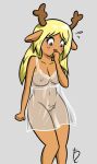  anthro babydoll big_breasts breasts buckteeth capreoline cervid clothing crotch_tuft deltarune embarrassed female freckles harvestman_here lingerie mammal nightgown noelle_holiday pubes reindeer simple_background solo teeth translucent translucent_clothing tuft undertale_(series) video_games 