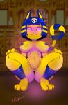  2021 3_toes animal_crossing ankha_(animal_crossing) ankha_zone ankle_cuffs anthro areola big_breasts big_butt blue_hair blurred_background bone breasts butt clothed clothing crouching domestic_cat egyptian egyptian_mythology feet felid feline felis female frown genitals glowing glowing_eyes hair half-closed_eyes hi_res hieroglyphics looking_at_viewer mammal middle_eastern_mythology mythology narrowed_eyes navel nintendo nipple_piercing nipples nude piercing purple_eyes pussy restraints shackles short_hair skull solo splatcum thick_thighs toes topless video_games 