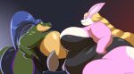  alligator alligatorid angry anthro blonde_hair blue_hair breasts clothing crocodilian duo female hair kazecat lagomorph leporid mammal overweight overweight_female rabbit reptile rubber scalie 