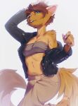  5_fingers anthro blue_eyes breasts brown_hair claws clothed clothing domestic_cat eyebrows eyelashes felid feline felis female fingers hair kyander mammal midriff navel simple_background smile solo white_background 