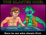  alien alien_humanoid bodily_fluids body_hair brown_hair chest_hair clenched_teeth dorkly duo english_text greedo_(star_wars) green_body hair han_solo handjob hi_res human human_on_humanoid humanoid humanoid_pointy_ears humor interspecies jhall male male/male mammal mutual_handjob mutual_masturbation not_furry open_mouth penile purple_background purple_eyes rodian sex simple_background star_wars sweat teeth text 