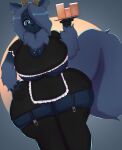  2021 5_fingers anthro asian_mythology azura_(shacknater) beverage big_breasts blazethefox blue_body blue_eyes blue_fur blue_hair bottomwear breasts chinese_mythology cleavage clothed clothing crop_top cuff_links east_asian_mythology equid female fingers fur garter_belt garter_straps hair hair_over_eye hand_on_hip hi_res holding_object horn huge_breasts kirin legwear looking_at_viewer maid_uniform mammal mythology one_eye_obstructed shirt short_hair skirt smile solo stockings thick_thighs topwear tray under_boob uniform wide_hips 