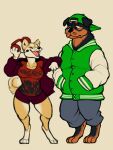  3:4 anthro backwards_hat big_breasts black_body black_fur bottomwear breasts canid canine canis chop_(gtav) chubby_male clothing cryena curled_tail denim denim_clothing domestic_dog duo eyes_closed female floppy_ears frown fur grand_theft_auto grand_theft_auto_v graphic_tee hands_in_pockets hat headgear headphones headset headwear hi_res hoodie hotpants jeans konami letterman_jacket male mammal mastiff mira_(silent_hill) molosser nudging orange_body orange_fur pants playful pockets rockstar_games rottweiler shiba_inu shorts silent_hill slightly_chubby smile spitz topwear video_games white_body white_fur wide_hips yellow_body yellow_fur 