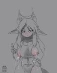  accessory anthro apron apron_only bodily_fluids clothing container cup dragon female fur furred_dragon hair_accessory hi_res holding_object horn_jewelry i_mean_breast_milk lactating looking_at_viewer lynn_(orang111) meme milk monochrome mostly_nude orang111 pen solo 