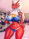  3:4 anthro big_breasts blaziken blue_eyes bodily_fluids breasts camel_toe chia_mio clothed clothing digital_media_(artwork) female fingers_claws fur gym_clothing hair hi_res huge_breasts looking_at_viewer nintendo pok&eacute;mon pok&eacute;mon_(species) red_body red_fur smile solo video_games white_body white_fur white_hair yellow_body 