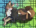  absurd_res aisenar_(darfix) blep blep_kiss canid canine canis cuddling cute_expression duo female feral fluffy fluffy_chest fluffy_ears fluffy_tail glowstone2001 green_background hi_res kicara_(darfix) leg_over_thigh licking male male/female mammal neck_tuft paw_on_leg simple_background tail_hold tail_hugging tongue tongue_out tuft wolf 