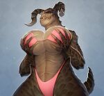  2021 5_fingers anthro bethesda_softworks big_breasts bikini breast_grab breast_squeeze breasts claws cleavage clothed clothing deathclaw derek_hetrick fallout female fingers hand_on_breast hi_res holding_breast horn huge_breasts long_claws looking_at_viewer non-mammal_breasts orange_sclera reptile scalie sharp_claws sharp_teeth solo swimwear teeth under_boob video_games 