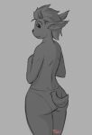 ambiguous_gender bovid caprine clothing goat grey_body horn looking_at_viewer looking_back mammal monochrome panties rear_view simple_background smile solo tsukemono underwear 