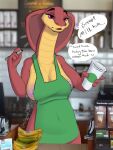  anthro appliance apron apron_only banana big_breasts breasts clothing coffee_machine coffee_maker conditional_dnp container cup dialogue english_text female food fruit green_apron hi_res i_mean_breast_milk kitchen_appliance meme mostly_nude nipple_slip pen photo_background plant red_body reptile scalie shaded shelby_(singafurian) singafurian snake solo standing starbucks text tight_clothing 
