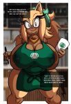  absurd_res alpha_channel anthro apron apron_only areola big_areola big_breasts bodily_fluids breasts chubby_female clothing container cup damian_hodge dark_body dark_nipples dark_skin desiree_the_hedgehog ear_piercing english_text erect_nipples eulipotyphlan eyewear fan_character female front_view glasses green_apron greeting hanging_breasts headgear headwear hedgehog hi_res huge_breasts i_mean_breast_milk lactating mammal mature_female meme mostly_nude mother nipples overweight parent piercing presenting presenting_breasts sega slightly_chubby solo sonic_the_hedgehog_(series) starbucks text wide_hips 