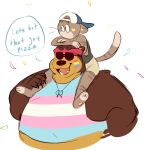  2017 biped bottomwear brown_body brown_fur carrying clothing cute_fangs domestic_cat duo english_text eyewear felid feline felis female_symbol fur gender_symbol hi_res lgbt_pride mammal obese overweight piggyback pride_color_accessory pride_color_clothing pride_color_topwear pride_colors rainbow_flag rainbow_pride_flag rainbow_symbol shirt shorts simple_background six-stripe_rainbow_pride_colors sugarcave sunglasses symbol text topwear transgender_pride_colors ursid white_background 