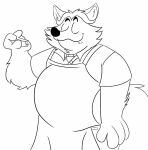 2017 anthro apron burropaleta canid canine clothing dessert disney eyes_closed food fox gideon_grey humanoid_hands male mammal monochrome overweight overweight_male pie shirt simple_background solo topwear white_background zootopia 