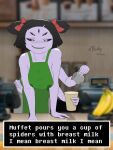  3:4 5_eyes anthro apron apron_only arachnid arthropod biskydraws bodily_fluids breasts clothing digital_media_(artwork) english_text female green_apron hi_res i_mean_breast_milk lactating lactating_through_clothing looking_at_viewer meme mostly_nude muffet multi_eye non-mammal_breasts solo spider starbucks text undertale undertale_(series) video_games wet wet_clothing wide_hips 