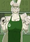 ... 2021 absurd_res alien anthro apron apron_only big_breasts bodily_fluids breasts cleavage clothed clothing container cup curvy_figure detailed_background digital_media_(artwork) english_text eyelashes female fingers fur green_apron hair hi_res huge_breasts i_mean_breast_milk inside lagomorph leporid looking_at_viewer lowkey_nottoast mammal meme mostly_nude multicolored_body multicolored_fur pen rabbit sharp_teeth smile solo standing sweat tan_body tan_fur tan_hair teeth text text_on_apron text_on_clothing tongue viv_(lowkeytoast) voluptuous yellow_eyes 