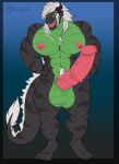  anthro azael azael_dragonfang balls big_balls big_pecs big_penis black_body black_scales claws dragon genitals green_balls green_body green_eyes green_scales hair hand_on_hip hi_res horn huge_penis hyper hyper_genitalia hyper_penis kalidragon long_penis male muscular muscular_anthro muscular_male nipple_piercing nipples pecs penis piercing reptile scales scalie smile smiling_at_viewer white_hair wingless_dragon 