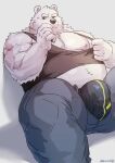  2021 anthro belly black_nose bottomwear bulge clothing fur genital_outline hi_res humanoid_hands kemono male mammal mixvariety moobs nipples overweight overweight_male pants penis_outline polar_bear shirt simple_background solo topwear underwear ursid ursine white_background white_body white_fur 