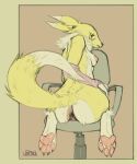 4_toes anthro anus anus_only bandai_namco big_anus breasts butt canid canine chair digimon digimon_(species) feet female fluffy fox fur furniture hi_res kneeling looking_at_viewer looking_back lovettica mammal nipples office_chair on_chair pawpads presenting rear_view renamon simple_background solo toes unamused white_body white_fur yellow_body yellow_fur 