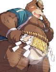  2021 absurd_res anthro ashigara belly blush bodily_fluids body_hair brown_body brown_fur bulge chest_hair fur green_hair hair hi_res jerry_5779 kemono lifewonders male mammal musclegut musk overweight overweight_male pecs solo steam sweat thick_thighs tokyo_afterschool_summoners ursid video_games 