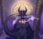  3_eyes anthro big_breasts black_body black_skin breasts column demon female hi_res horn jinn lamp multi_eye nervous_lotus nude pattern_background simple_background smoke solo tongue wings yetzer_hara 