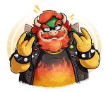  beard bowser claws clothing eyewear facial_hair francoisl glasses hair hi_res horn humor jack_black jacket koopa looking_at_viewer male mario_bros mustache nintendo pin_button red_hair scalie solo topwear video_games 