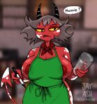  2021 apron apron_only areola areola_slip big_breasts breasts clothing container cup demon demon_humanoid female g-h- green_apron grey_hair hair helluva_boss horn humanoid i_mean_breast_milk imp lin_(vivzmind) looking_at_viewer mature_female meme mostly_nude not_furry red_body red_skin scarf solo spade_tail white_body white_skin yellow_eyes 