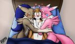  &lt;3 anthro bandai_namco bed bedding blanket blush breasts butt canid canine canis cuddling digimon digimon_(species) domestic_dog ear_nibble ear_piercing ear_ring embrace eyes_closed fan_character female furniture group group_sex happy hug lamont786 lamont_(fursona) male male/female mammal piercing renamon reyna_(lamont786) sex threesome 