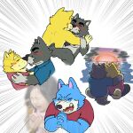  1:1 2021 anthro black_nose blue_body blue_fur blush bottomwear canid canine canis clothing domestic_dog duo embrace eyes_closed eyewear fur gab_(comic) gab_shiba glasses hi_res hug humanoid_hands kemono kissing male male/male mammal mature_male nipples pants photo_background shiba_inu shirt sitting spitz sun topwear water wdh3905 white_body white_fur 