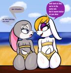  anthro beach big_butt bikini broodal buckteeth butt butt_squish clothing dialogue disney duo english_text female female/female hariet_(mario) hi_res judy_hopps lagomorph leporid mammal mario_bros nintendo rabbit seaside sitting someth1ngoranother squish super_mario_odyssey swimwear teeth text video_games zootopia 