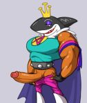  analon_(artist) anthro black_eyes blue_clothing blue_shirt blue_topwear bottomwear cape clothed clothing crown emperor_awesome fish genitals male marine muscular muscular_anthro muscular_male pants pants_down partially_clothed pecs penis shark shirt smile teeth topwear 