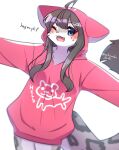  2021 ahoge anthro blue_eyes blush bottomless breasts clothed clothing english_text felid female fur grey_body grey_fur grey_hair hair hi_res hoodie hoodie_only kemono looking_at_viewer mammal multicolored_body multicolored_fur multicolored_tail nachiwanko one_eye_closed open_mouth open_smile pantherine signature simple_background smile snow_leopard snow_leopard_(nachiwanko) solo teeth text tongue topwear topwear_only white_background white_body white_fur wink 