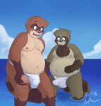  2016 anthro asian_clothing balls belly blush brown_body brown_fur bulge canid canine clothed clothing cloud detailed_background duo east_asian_clothing erection erection_under_clothing fundoshi fur genitals hi_res japanese_clothing male male/male mammal moobs navel nipples outside overweight overweight_male raccoon_dog tanuki underwear voyagersscrapbook water white_clothing white_fundoshi white_underwear 