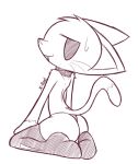  ambiguous_gender anthro bodily_fluids butt clothing collar fangs felid feline kneeling legwear low_res mammal monochrome signature simple_background solo stockings sweat sweatdrop thigh_highs white_background x-red x-red_(character) 