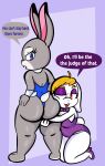  anthro big_butt breasts broodal bunny_costume butt butt_hug butt_squish cleavage clothed clothing costume dialogue disney duo english_text female female/female hariet_(mario) hi_res judy_hopps kneeling lagomorph leporid mammal mario_bros nintendo rabbit short_stack someth1ngoranother squish super_mario_odyssey text thick_thighs video_games wide_hips zootopia 