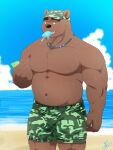  2016 3:4 anthro beach black_nose bodily_fluids bottomwear brown_body clothing cloud detailed_background food hi_res kemono male mammal mohumohuotou musclegut outside popsicle seaside shorts slightly_chubby solo sweat ursid water 