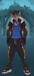 anthro black_hair bottomwear canid canine canis castbound clothing domestic_dog fashion footwear hair hands_in_pockets hi_res jacket looking_at_viewer male mammal pants pockets red_eyes russell_(castbound) shirt shoes sneakers solo standing tank_top topwear watermark 